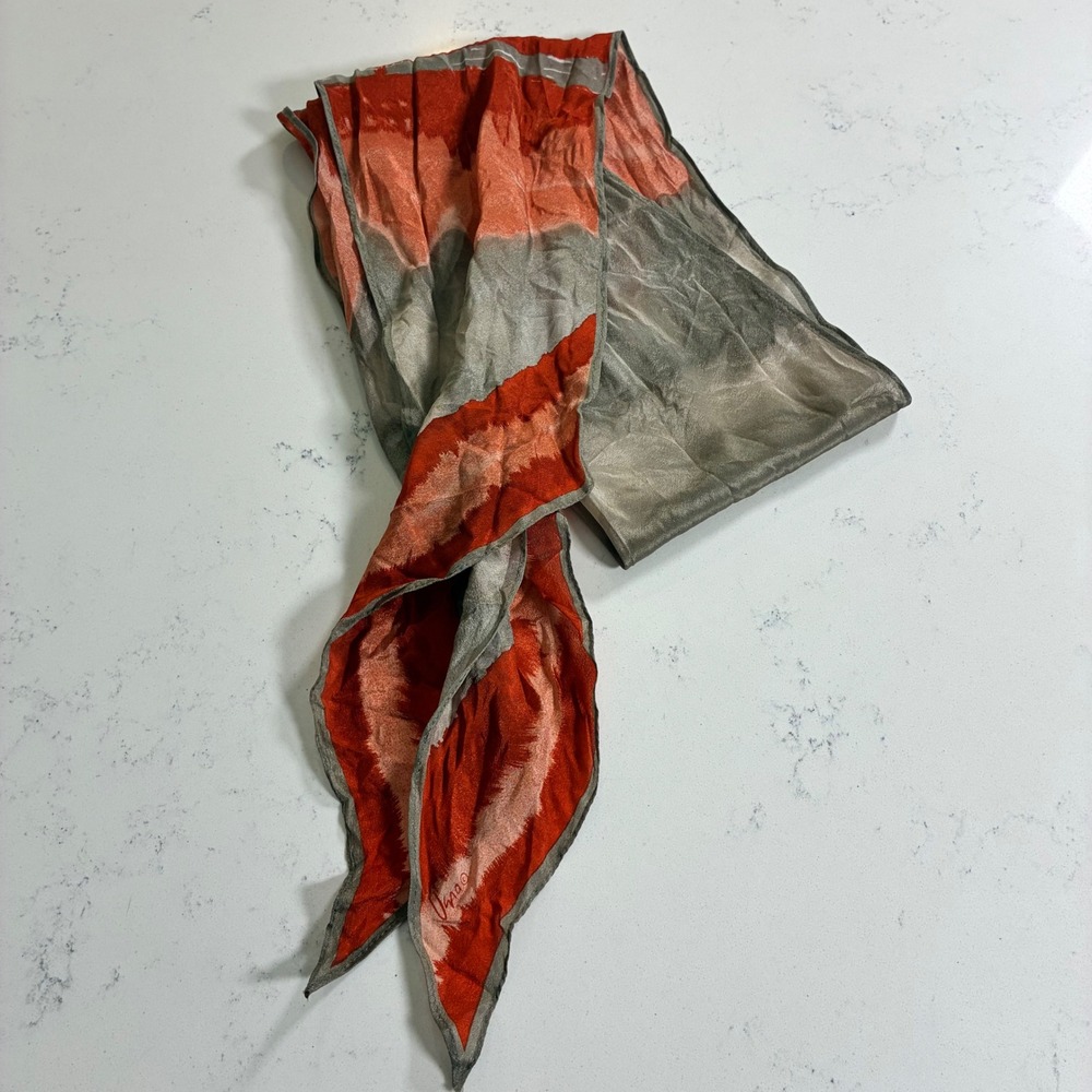 Vera Scarf Orange Grey Abstract Tie Dye Silk Oblong Hand Rolled Edge Artistic